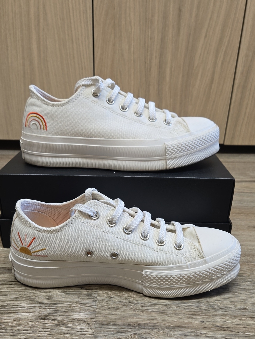 Converse off-white Canvas Low-Top Sneakers with Rainbow & Sun Embroidery